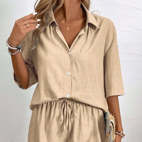 Khaki Casual Women's Solid Button Front Shirt & Drawstring Waist Shorts - Picture 4 of 7